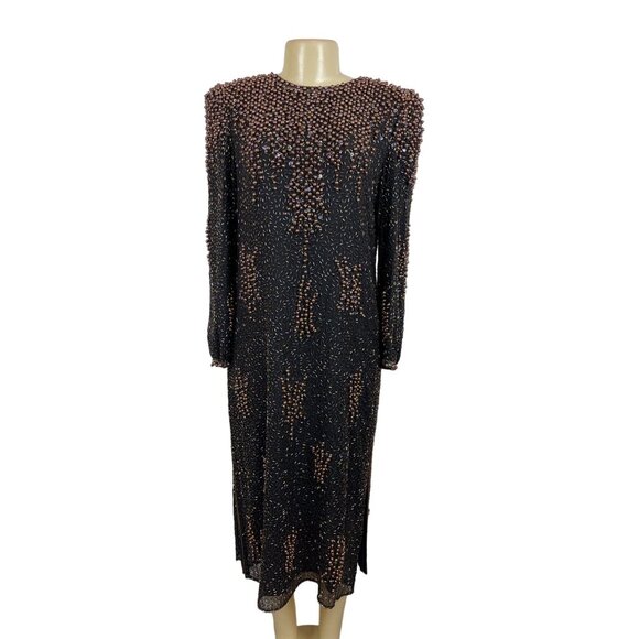 Vintage 80s Neiman Marcus Women's Black Shift Long Sleeve Dress Sz L